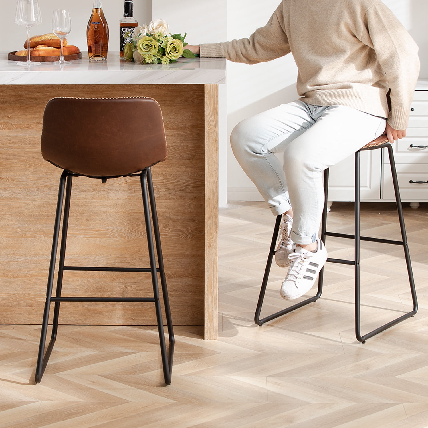 FIRAVOE Bar Stools Set of 3, 30 Inch Counter Height Bar Stools with Back, Faux Leather Modern Barstools High Bar Stools Chairs for Kitchen Island, Brown
