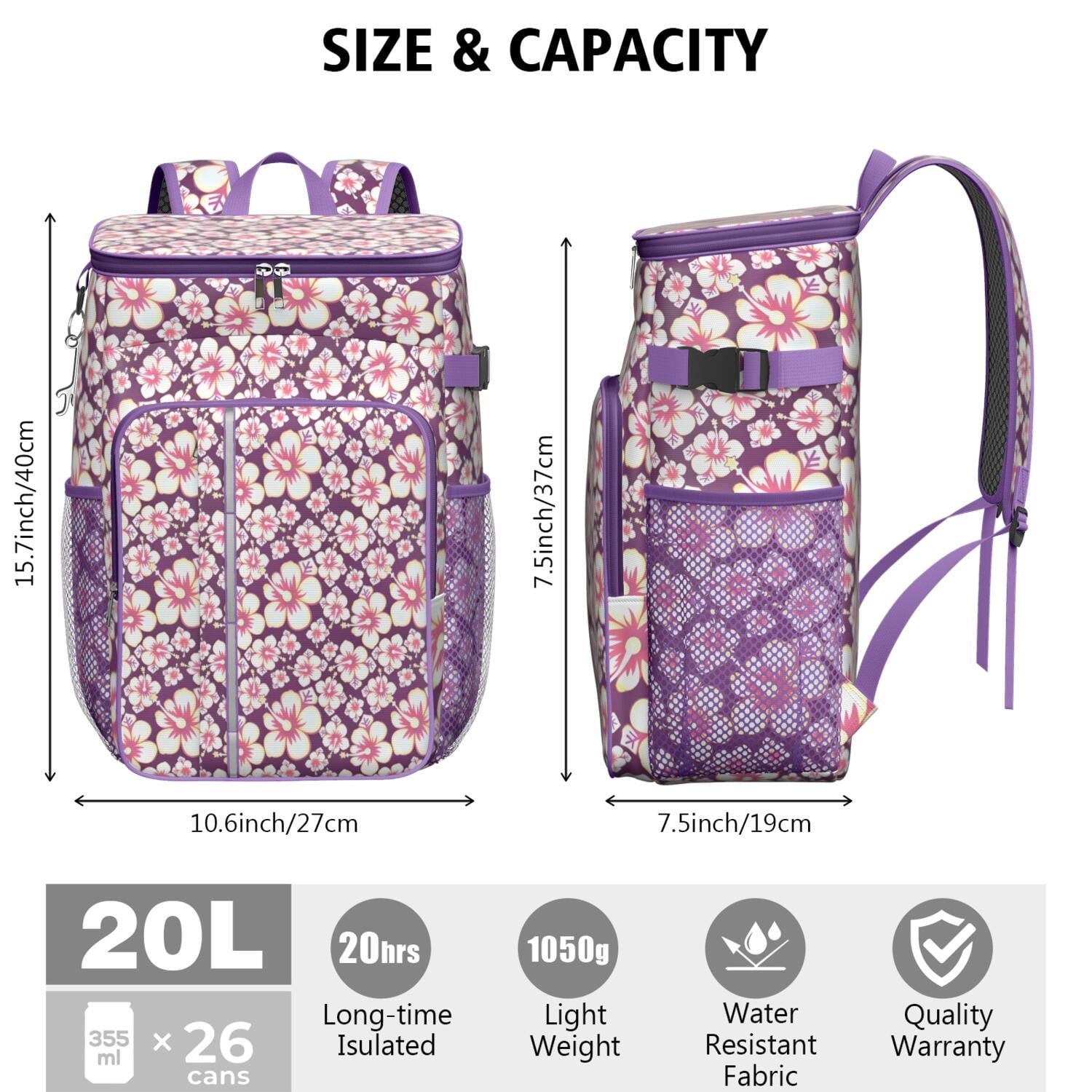 Travel Cooler Bag - Pioneer Flower Floral Print Pattern Camping Beer Cooler Backpack with Bottle Opener- Waterproof Insulated Picnic Backpacks - Cooler Bag for Beach