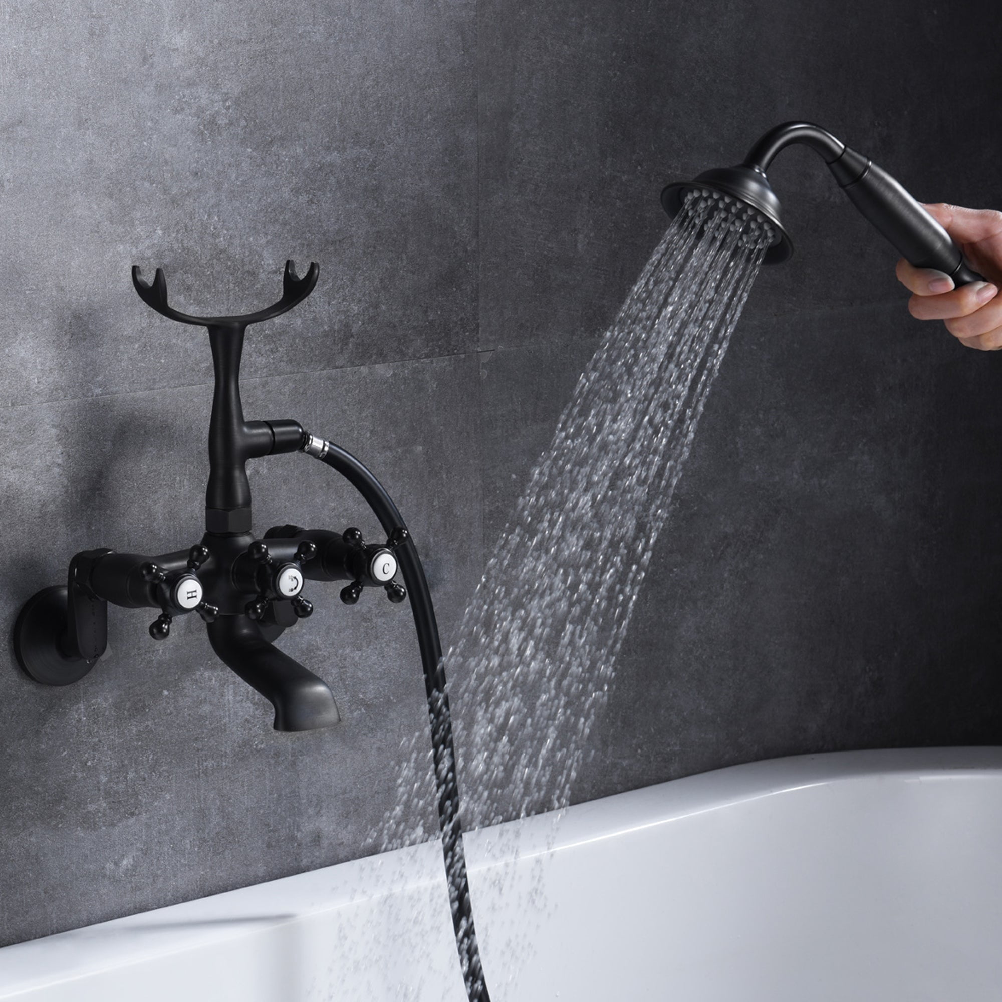 sumerain Vintage Wall Mount Clawfoot Tub Faucet Matte Black with Hand Shower, 3" to 9" Adjustable Holes Distance