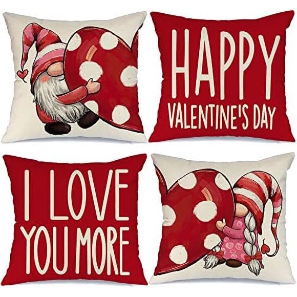 Valentines Day Pillow Covers 18x18 Set of 4 Valentines Day Decor for Home Red Polka Dots Love Heart Gnomes Happy Valentine Pillows Decorative Throw Pillows Valentines Day Decorations