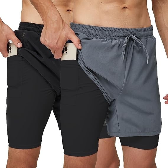 2 Pack 2 in 1 Mens Running Shorts Dry Fit Gym Shorts Lightweight Sport Athletic Training Shorts with Zipper Pocket Compression Base Liner Workout Short