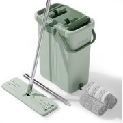 JOYMOOP Mop and Bucket with Wringer Set, Flat Squeeze Mop with Bucket (X-Large), Dust Mop for Wall Cleaner with Long Handle, Microfiber Mop - Green Bucket with 3 Reusable 15" Pads