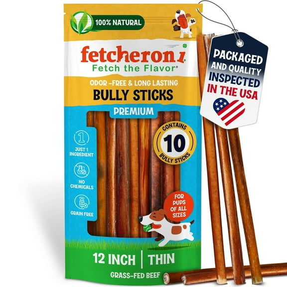 Fetcheroni Odor-Free Thin Bully Sticks for Dogs, 12 Inch, 10 Pack