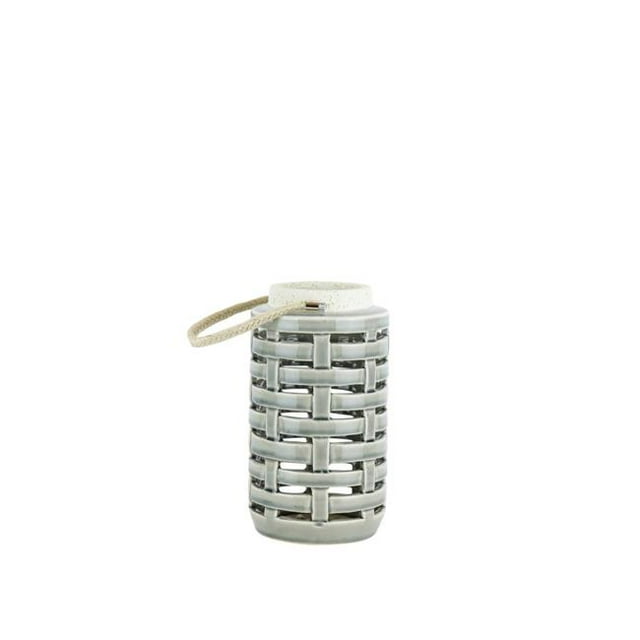 Benzara BM188087 Lattice Cutout Patterned Ceramic Lantern with Rope Handle - White & Gray
