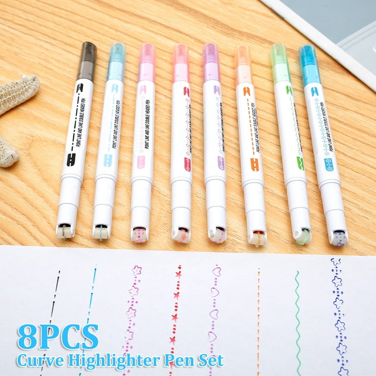 BUTORY Colored Curve Pens Dual Tip Markers with 6 Different Curve Shapes &  8 Colors Fine Lines for Teenage Kids Writing Journaling Drawing Scrapbook 
