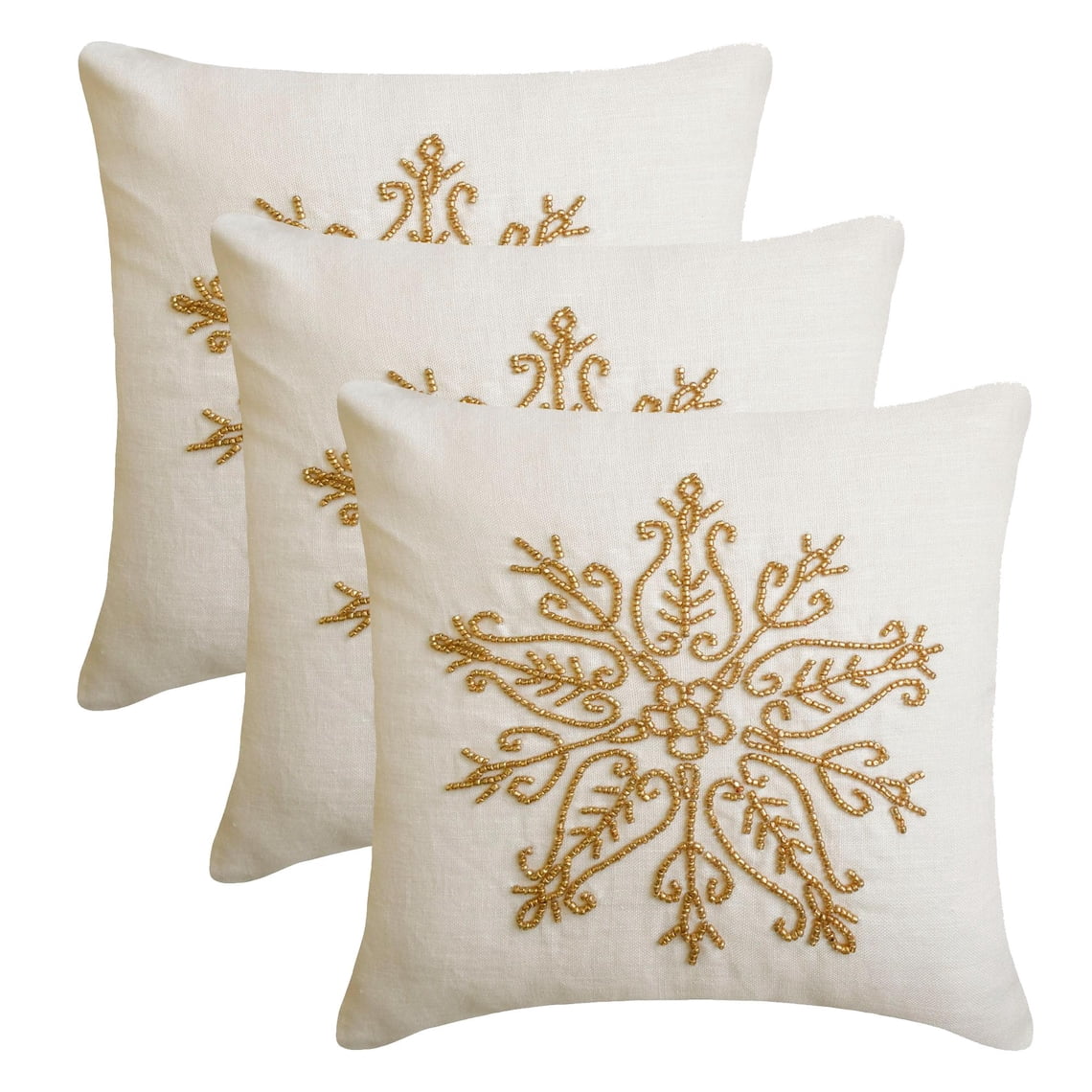 Handmade Throw Pillow cover, 22"x22" Gold Linen Cushion Cover, Contemporary Snowflake Beaded Snowflake Pillow Cover For Sofa Couch, Hotels, living Room, Bed Room - Gilded Frost