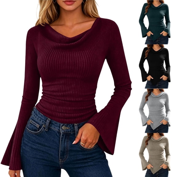 MYAOYINo Boundaries Women's Long Sleeve Ribbed Knit Top Drape Neck Flare Sleeve Blouse