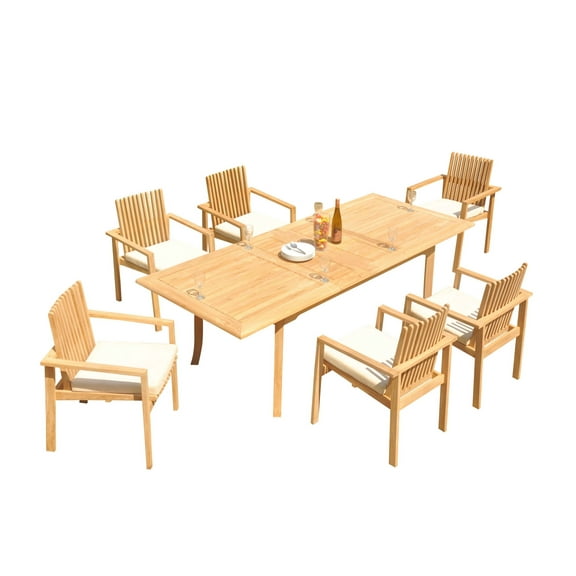 Grade-A Teak Dining Set: 6 Seater 7 Pc: 94" Rectangle Table And 6 Clipper Stacking Arm Chairs Outdoor Patio WholesaleTeak #51CP2007