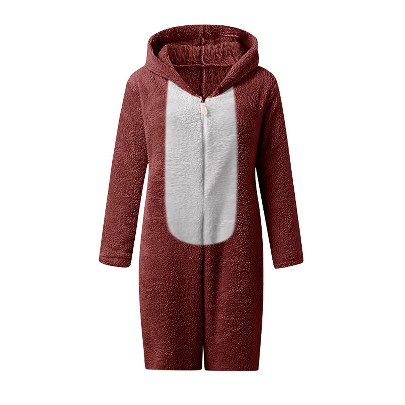 BiZtdJrK Womens Plush Onesies Pajamas Sherpa Fleece Short Jumpsuit Fuzzy Cute Ear Hooded Romper Zipper Sleepwear, Wine, S