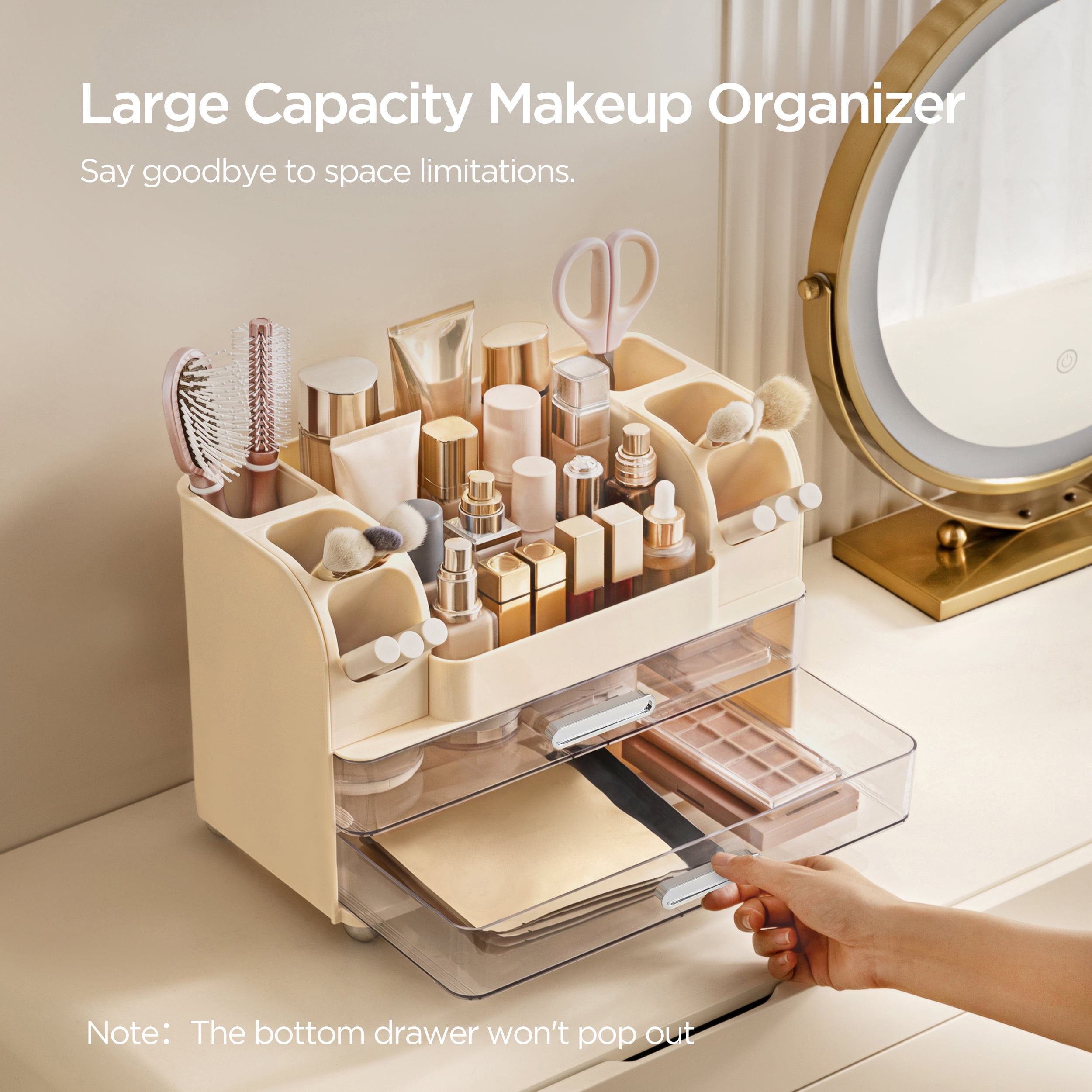 HBlife Makeup Organizer for Vanity with Brush Holder, Large Bathroom Countertop Cosmetic Organizer, Beige