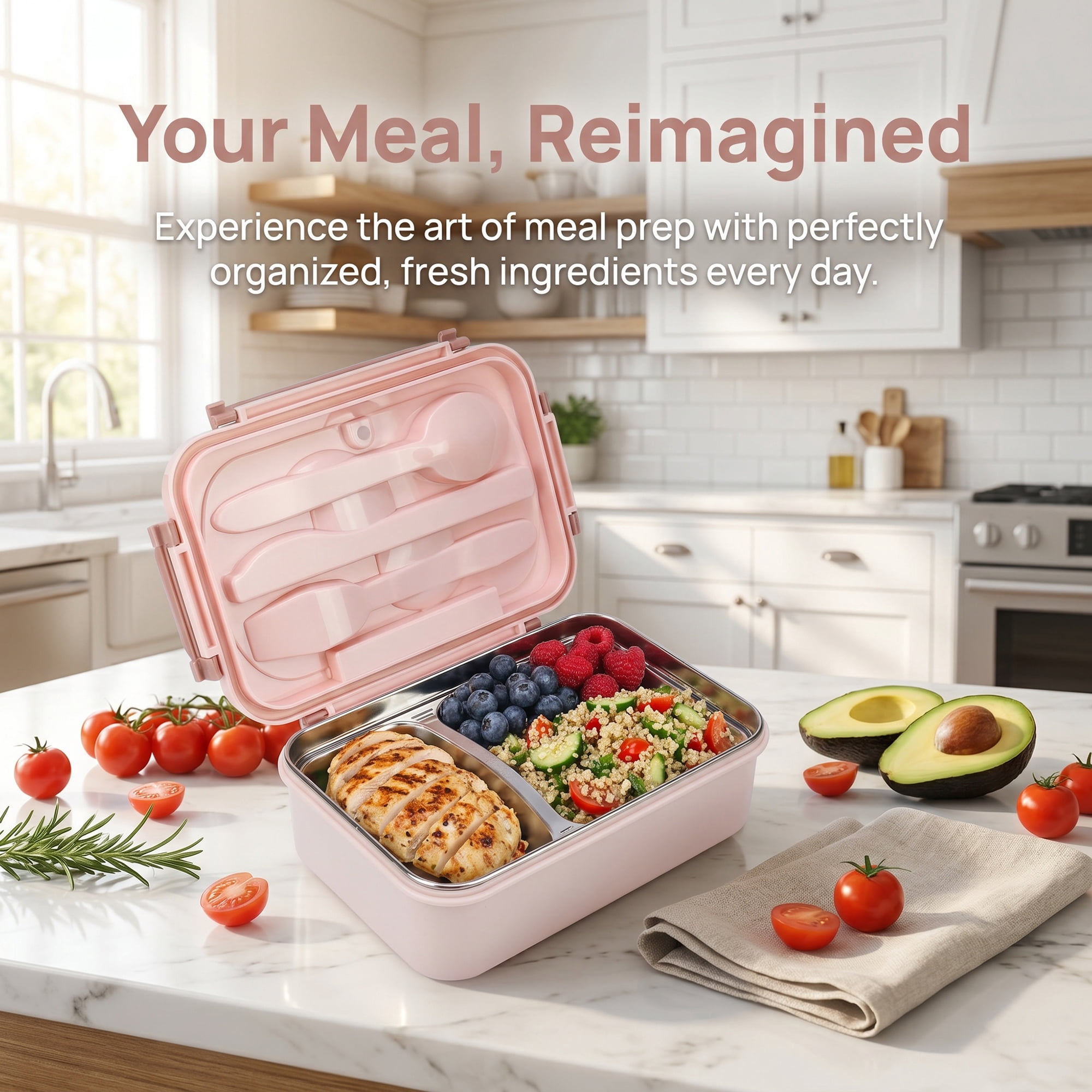 Unique Bargains 3-Compartment Leak-Proof  Lunch Bento Box with Utensils Sakura Pink