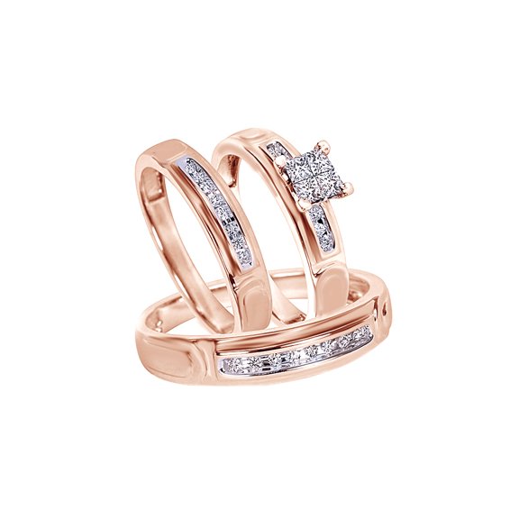 AFFY White Natural Diamond Wedding & Engagement Trio Band Ring Set In 10k Rose Gold (0.38 Cttw)