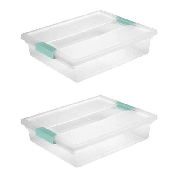 Sterilite Large Clip Box Storage Container Plastic Aqua Latches Clear, 2-Pack