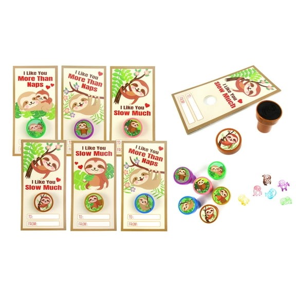 Tinymills 36pc Sloth Cards with Stampers for Kids, Valentine's Day, Classroom Exchange, Party Favors