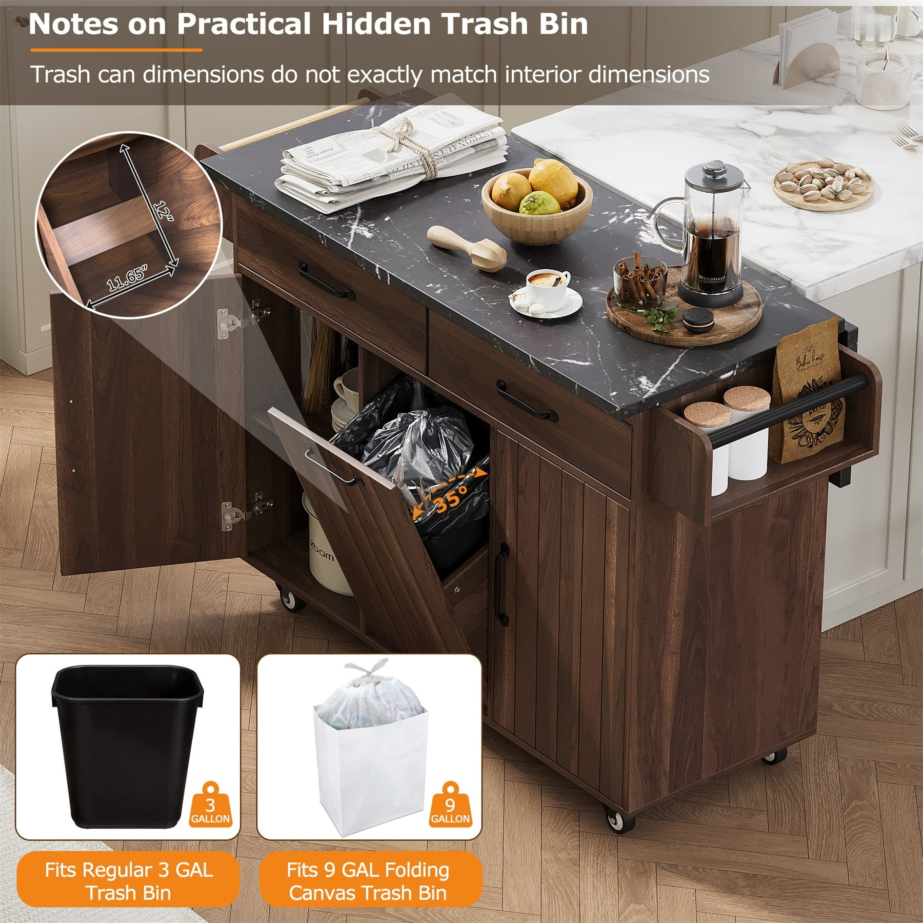 Alvantor Kitchen Island Carts with Trash Can, Rolling Buffet Cabinet with Drop Leaf,Spice Rack and Towel Rack for Dining Room Living Room Walnut