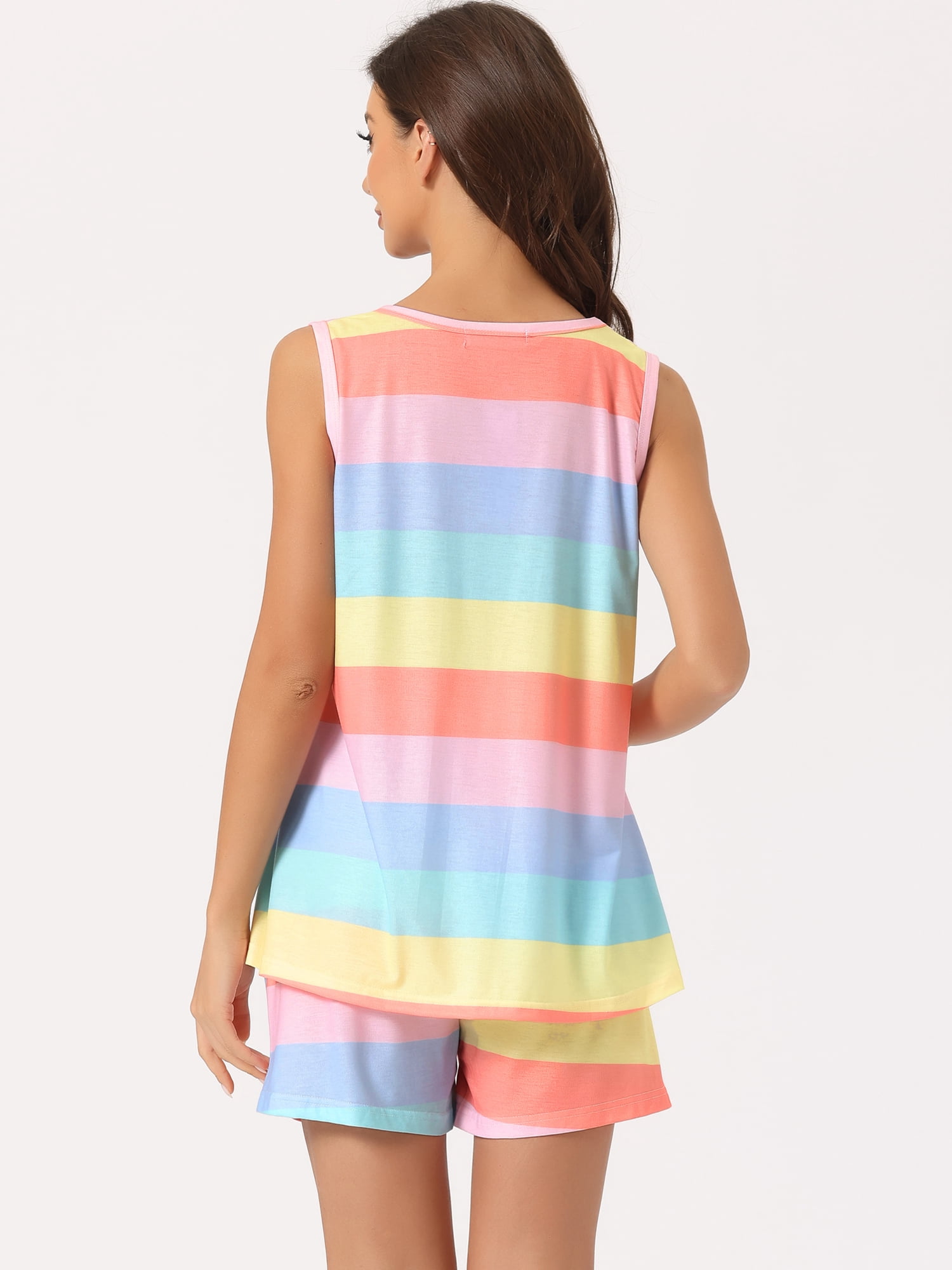 DARING DIVA Women's 2-Piece Rainbow Tank Tops with Shorts Stripe Pajama Set L Pink