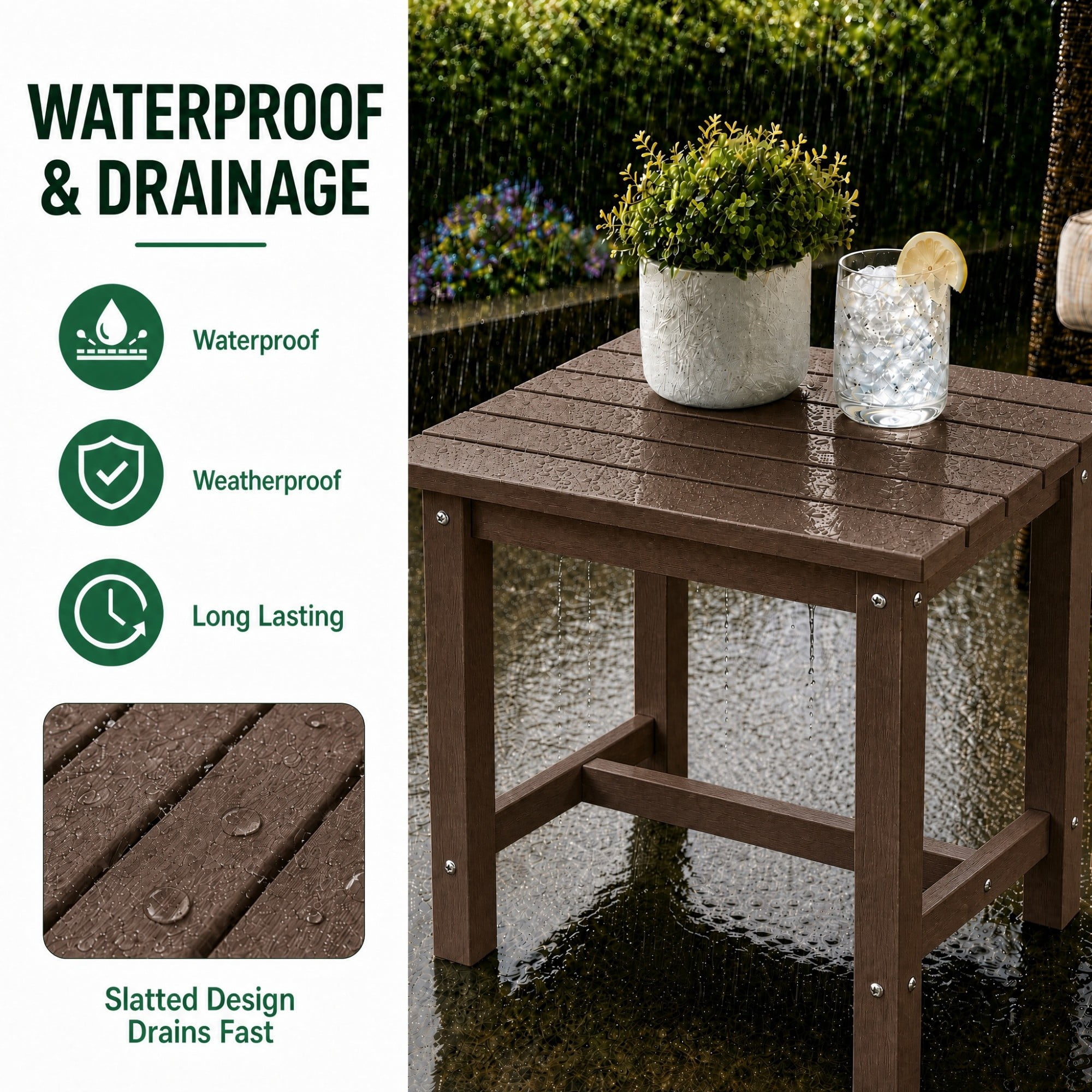 Y&M Outdoor Side Table, HDPE Patio End Table for Adirondack Chair, Weather Resistant Small Accent Table, Coffee, 2 Pack