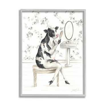 Stupell Industries Chic Cow in Bathroom Animals & Insects Painting Gray Framed Art Print Wall Art, 24 x 30