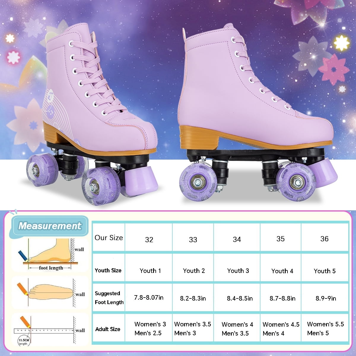 EONROACOO Teen Kids Roller Skates, Flashing Wheels Double-Row Quad Skates for Girls Boys(Purple, Youth 3)