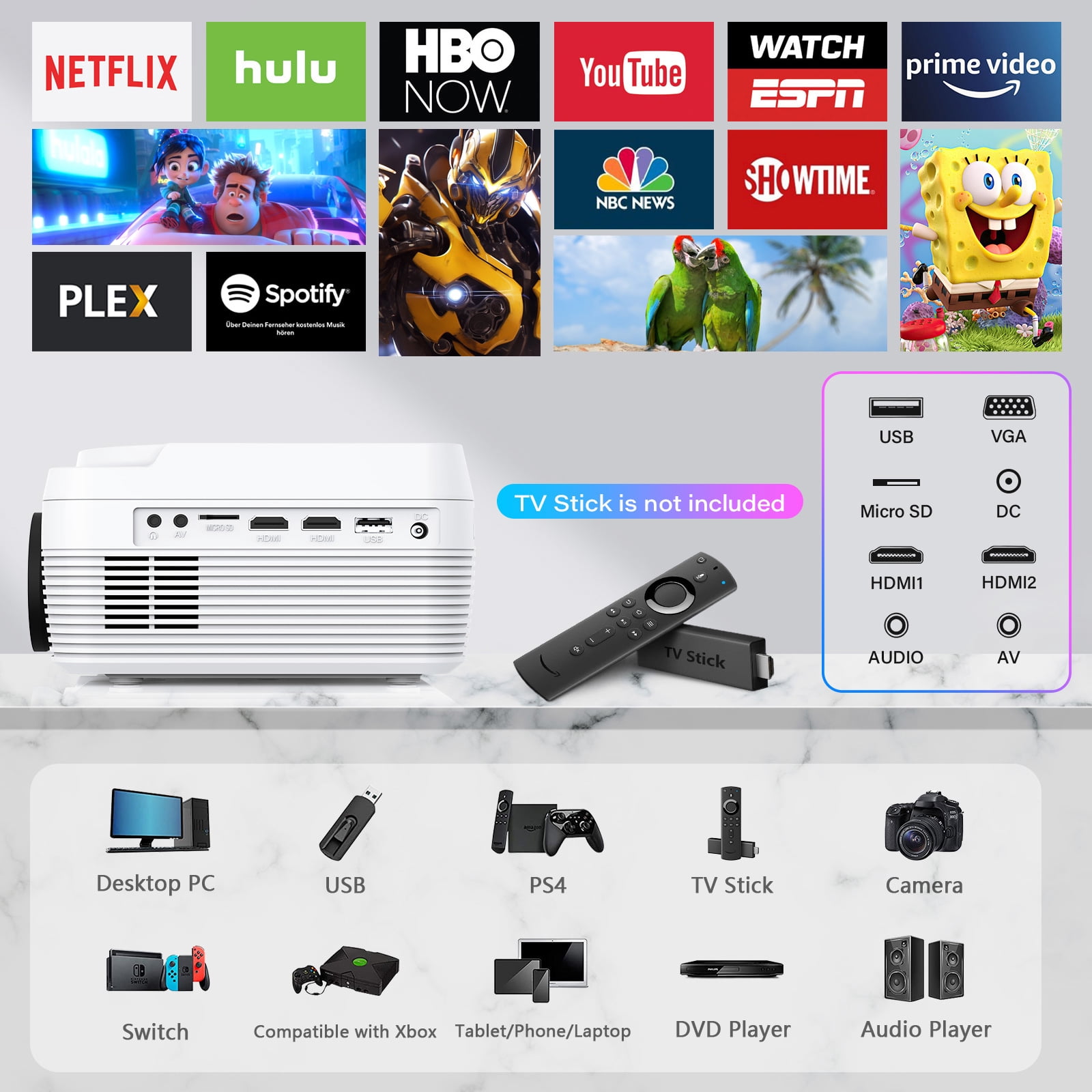 WiFi Bluetooth Video Projector, Full HD 1080P Outdoor Movie Projector, Portable Projector Compatible With HDMI/ USB/ AV/ Smartphone/ TV Stick/ Laptop (Projector Screen and Tripod Included)