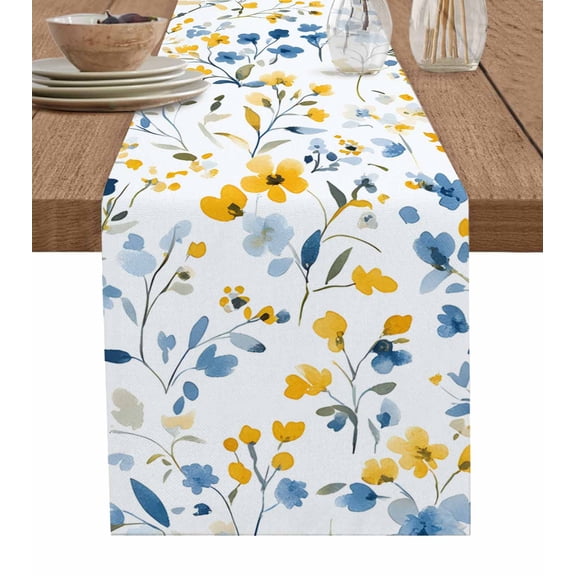 Table Runner Dresser Scarf 13 x 90 Inch Watercolor Grey Blue Yellow Flower Leaves Spring Floral Table Runners Non-Slip Heat Kitchen Dining Table Decor for Indoor Outdoor Home Party Decoration