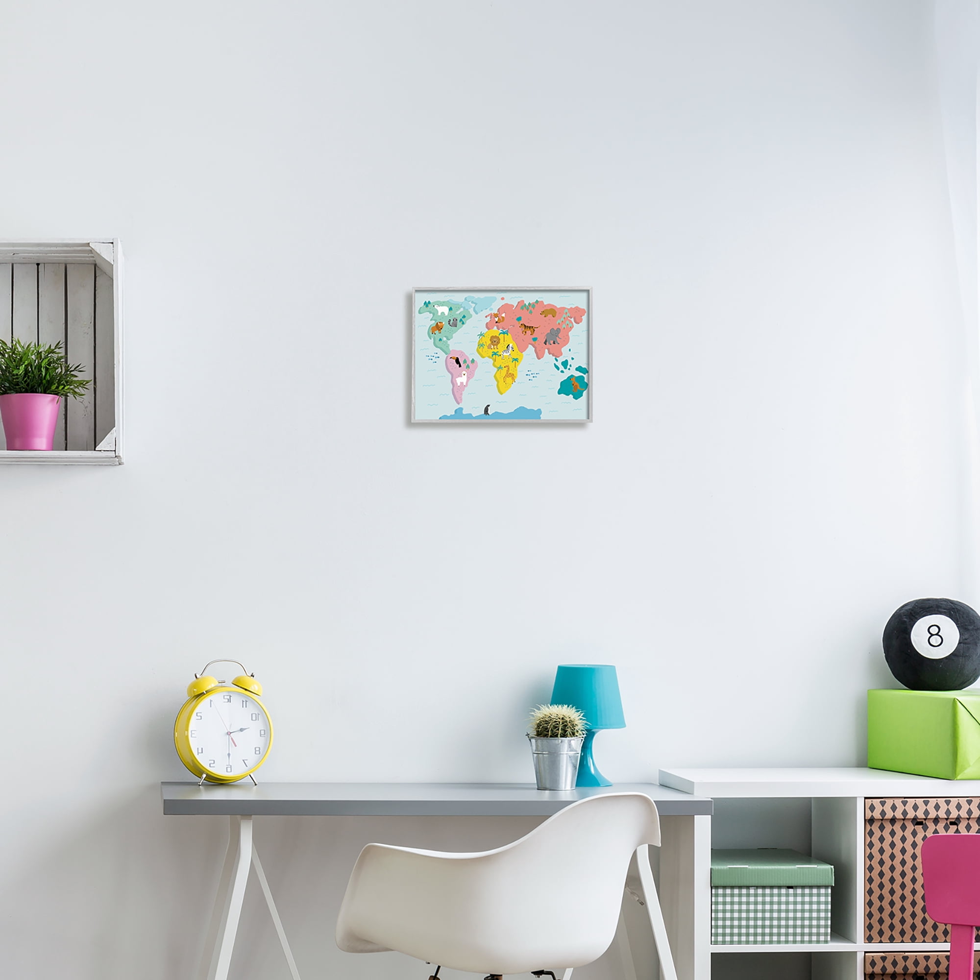 Stupell Industries Whimsical Wildlife World Map Travel & Places Painting Gray Framed Art Print Wall Art, 14 x 11