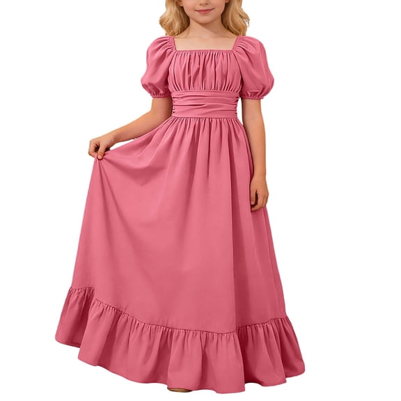 Gelikeya Girls Summer Easter Dresses Square Neck Puff Sleeve Tie Back Backless Ruffle A-Line Party Flowy Long Dress 7-12 Years Pink, 7-8 Years