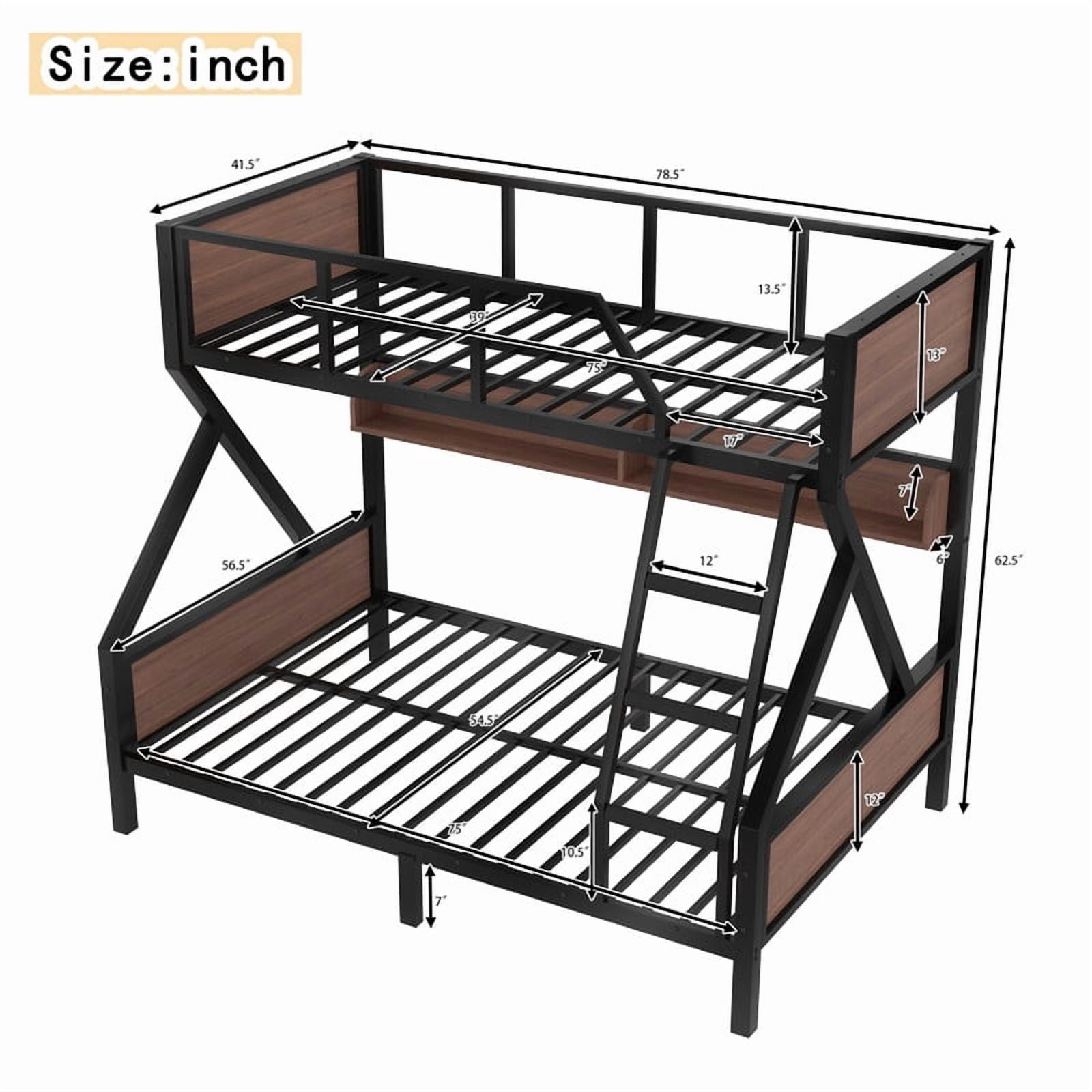 Twin over Full Size Metal Bunk Bed, Kids Teens Chic Bed Frame with Bedside Storage Shelves and LED Light Strip