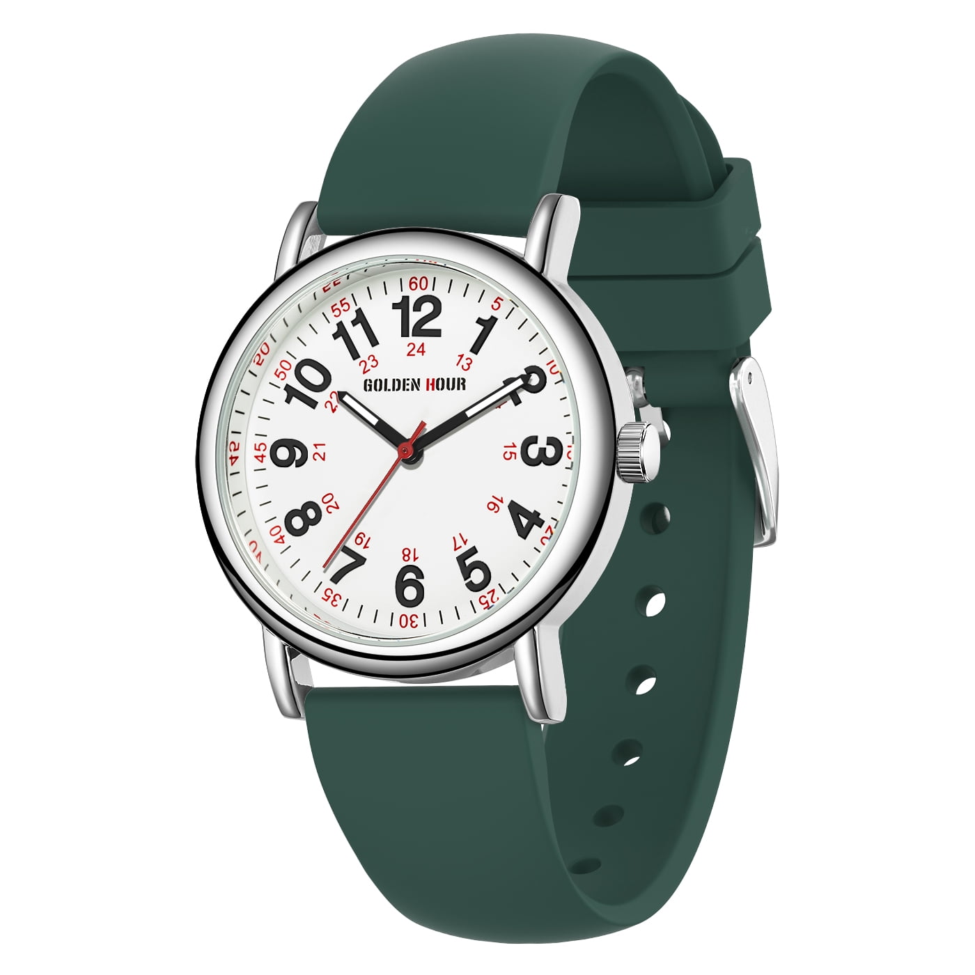 GOLDEN HOUR Waterproof Nurse Watch for Medical Professionals, Students Women Men - Military Time Luminouse Easy Read Dial, 24 Hour with Second Hand, Colorful Silicone Band