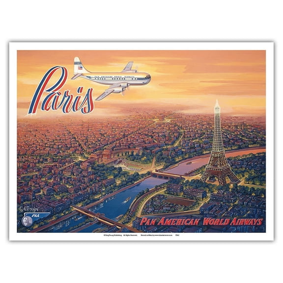 Over Paris France - Eiffel Tower - Boeing 377 Stratocruiser - Vintage Airline Travel Poster by Kerne Erickson - Master Art Print (Unframed) 9in x 12in