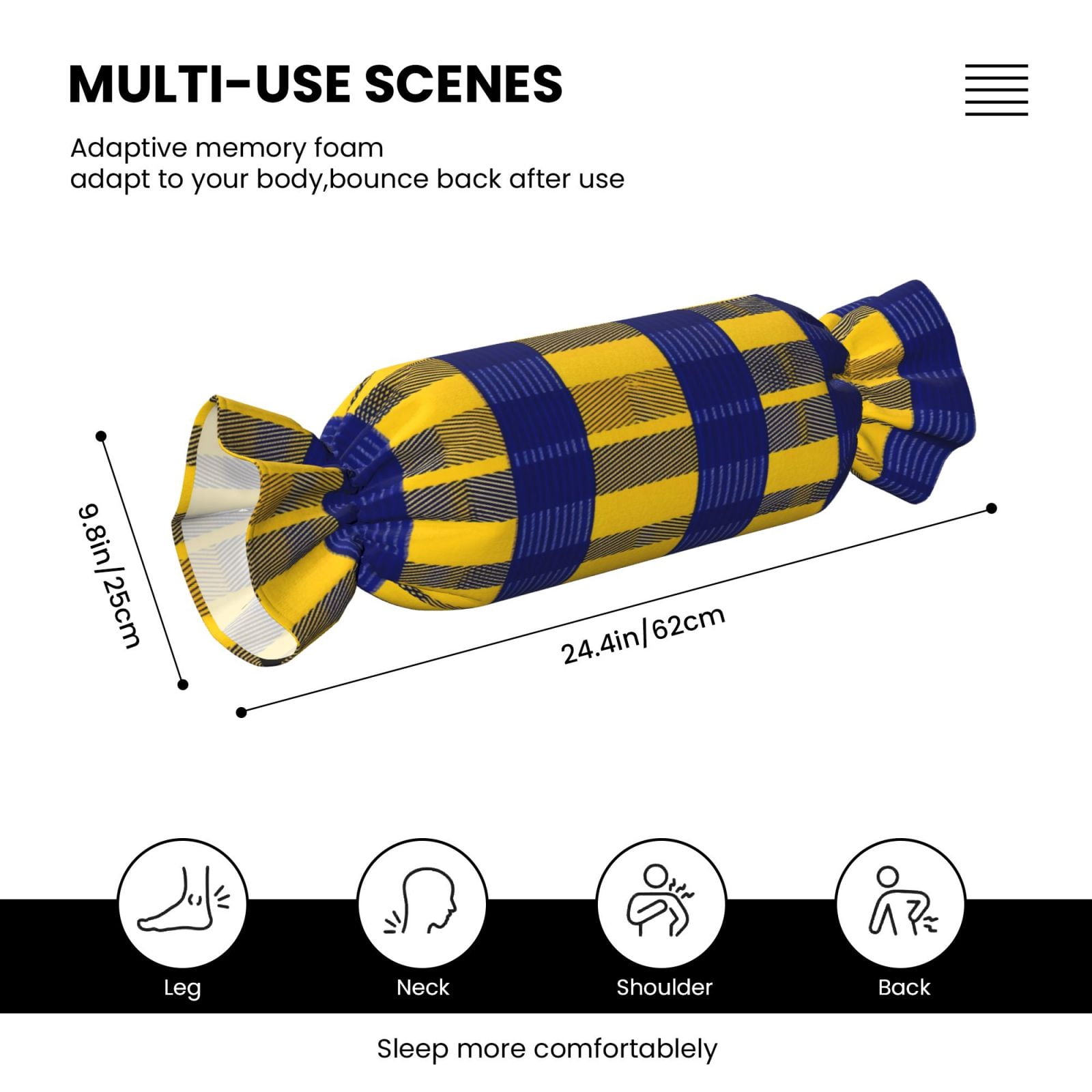Candy Throw Pillow Travel Cervical Pillow Cylindrical Neck Body Cushion With Insert For Bed Couch Home Decor 9.8x24.4in Buffalo Plaid Check Yellow Royal Blue