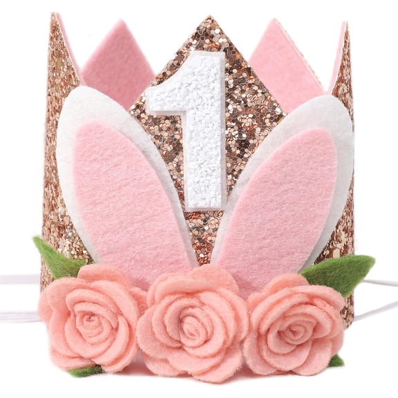 Floral 1st Birthday Crown Hat For Girls, Easter Bunny Rabbit Party Headpiece, Spring Birthday Celebration Decor, Soft Fabric Tiara, Pink And White