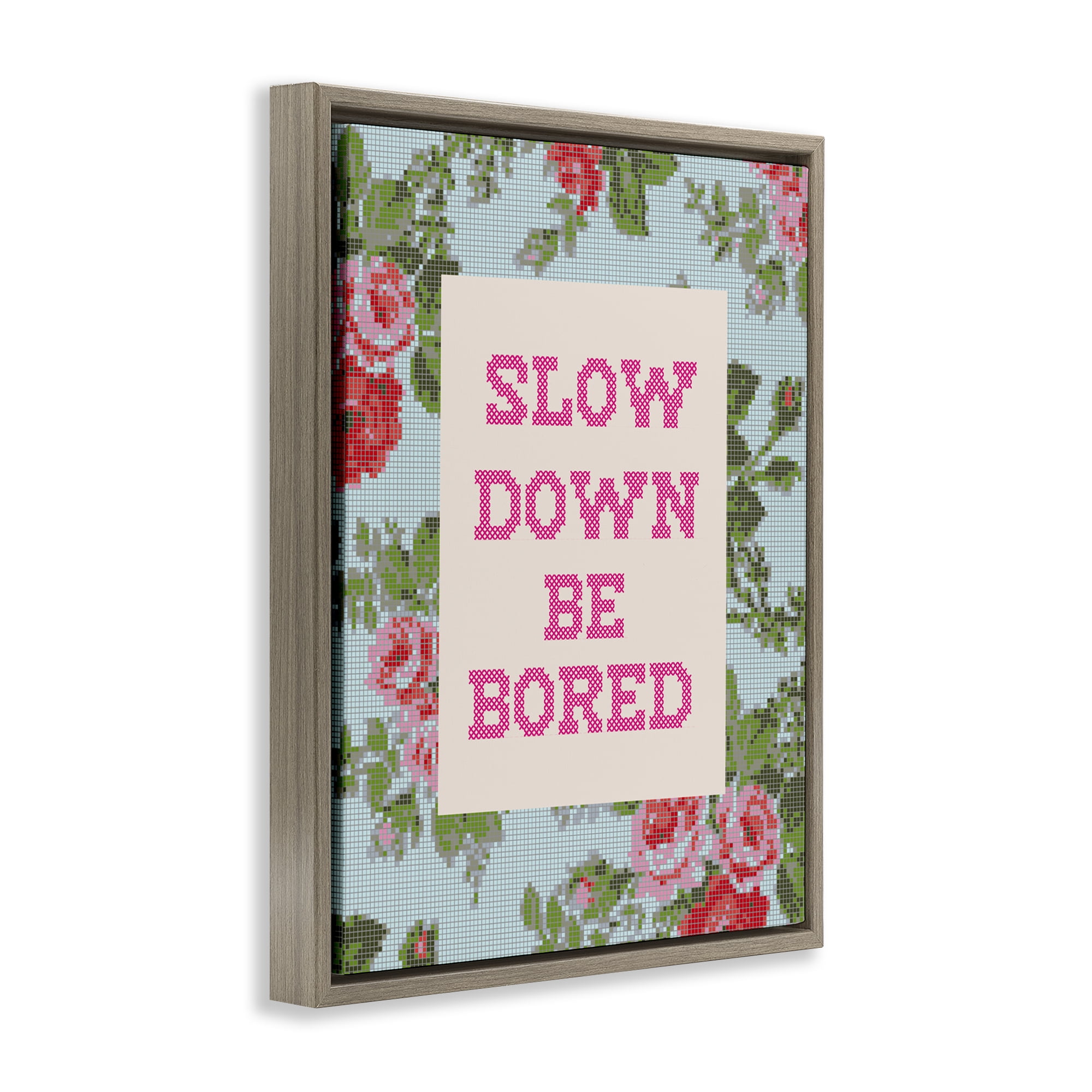 Stupell Industries Slow Down Be Bored Faux Cross Stitch Brown Framed Floater Canvas Wall Art, design by Lil' Rue