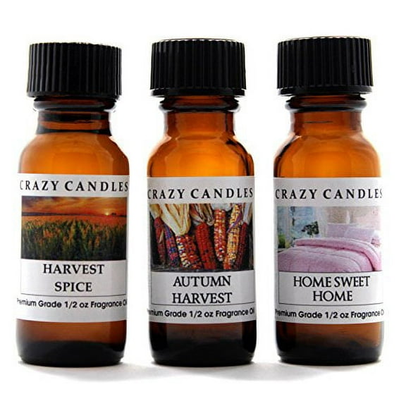 Crazy Candles 3 Bottles Set, 1 Harvest Spice, 1 Autumn Harvest, 1 Home Sweet Home 1/2 Fl Oz Each (15ml) Premium Grade Scented Fragrance Oils
