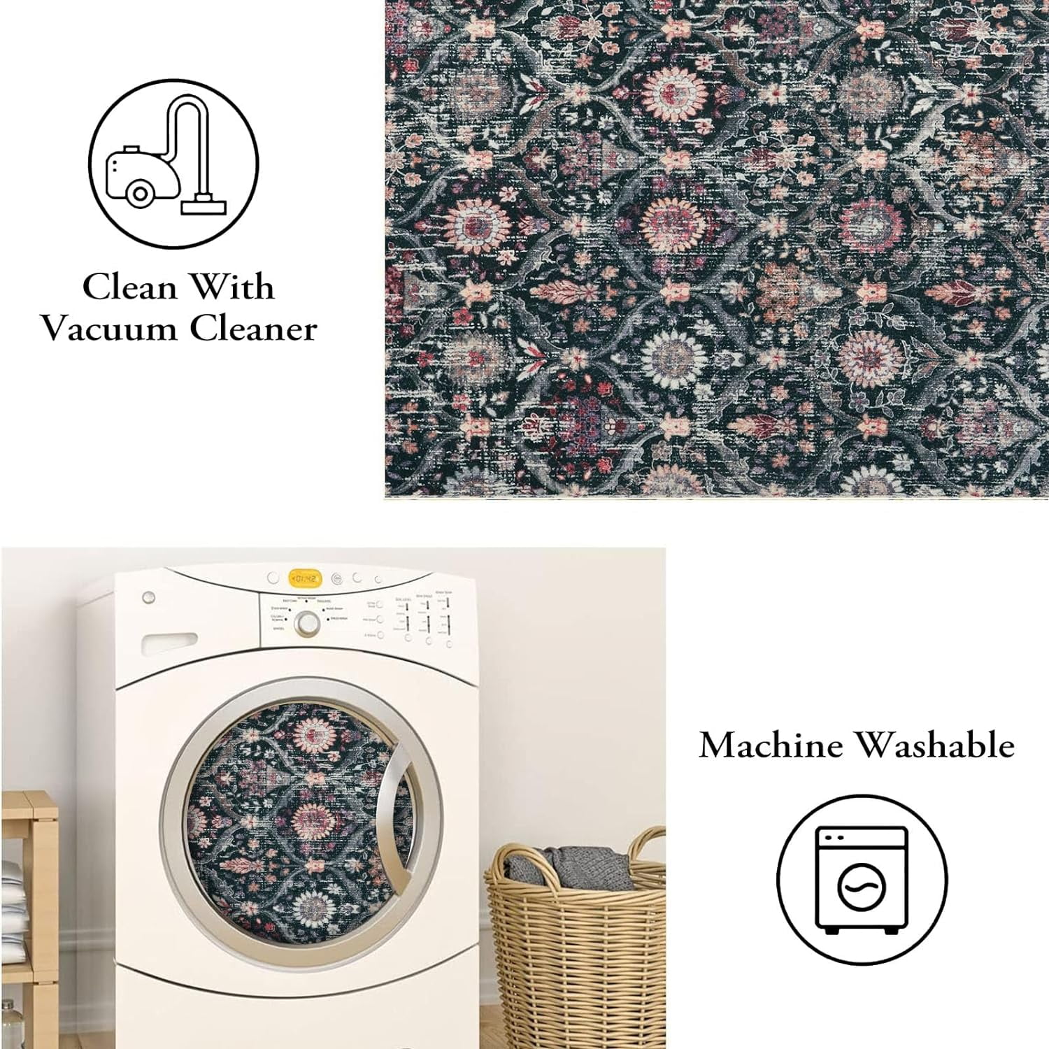 Moynesa 2'x3' Moroccan Trellis Area Rug, 2x3ft Entry Rug Non-Slip Washable Indoor Door Mat, Small Oriental Accent Throw Rug for Bedroom Kitchen Entryway Bathroom Black
