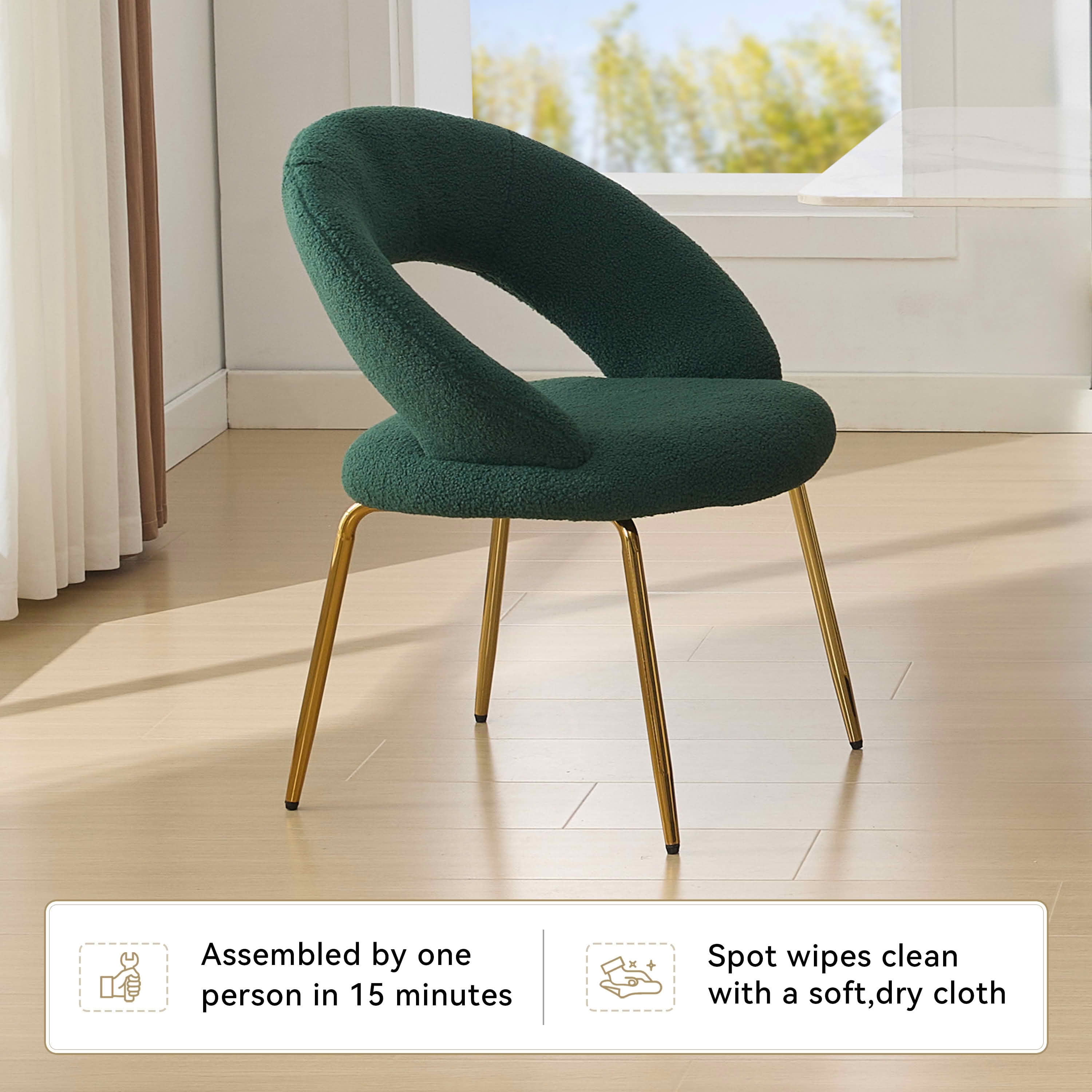 MAYEERTY Set of 1 Teddy Fabric Dining Chair, Curved Backrest & Golden Metal Legs, for Kitchen & Dining Room, Green