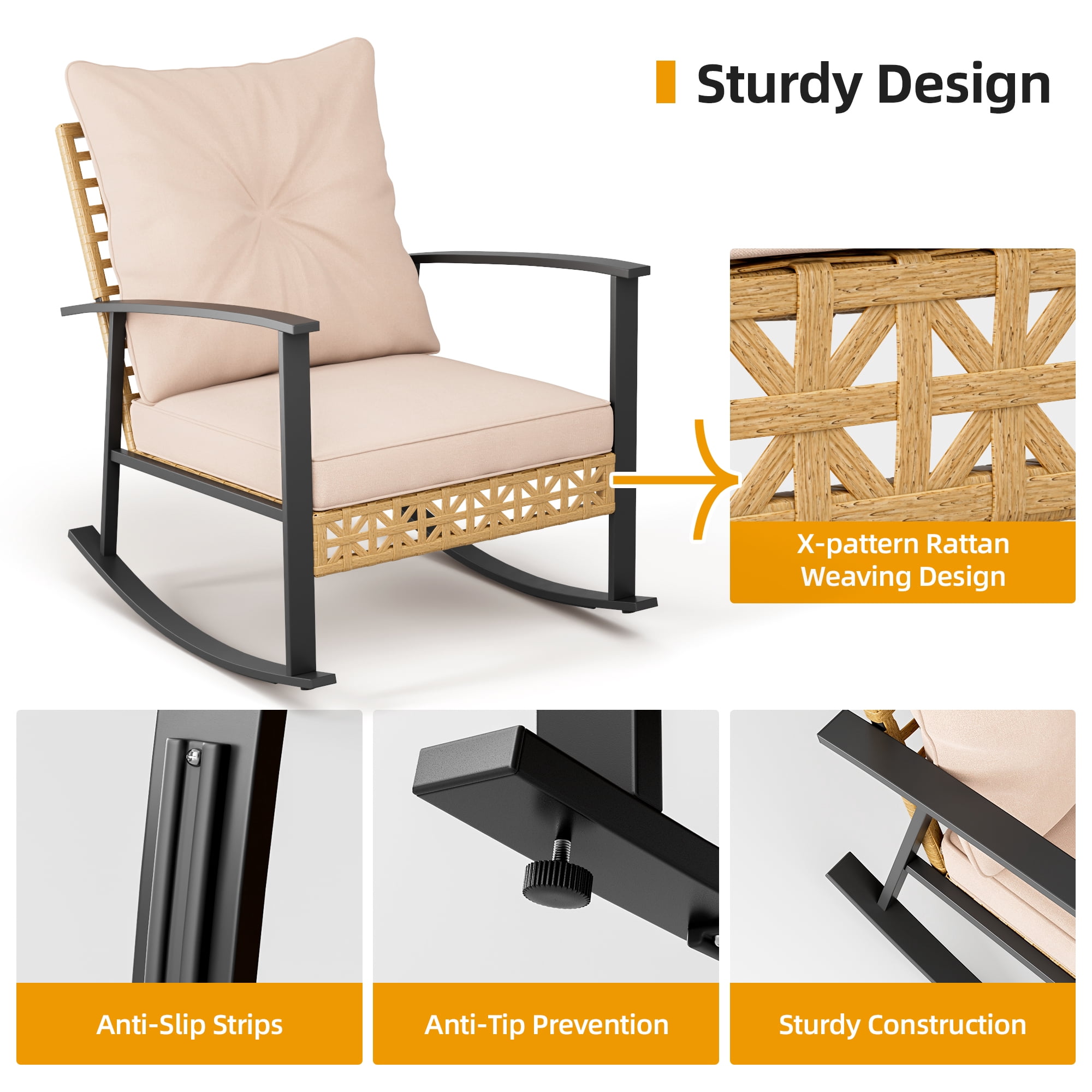 3 Piece Outdoor Rocking Chairs, Outdoor Patio Furniture Set with Thick Cushion and Coffee Table