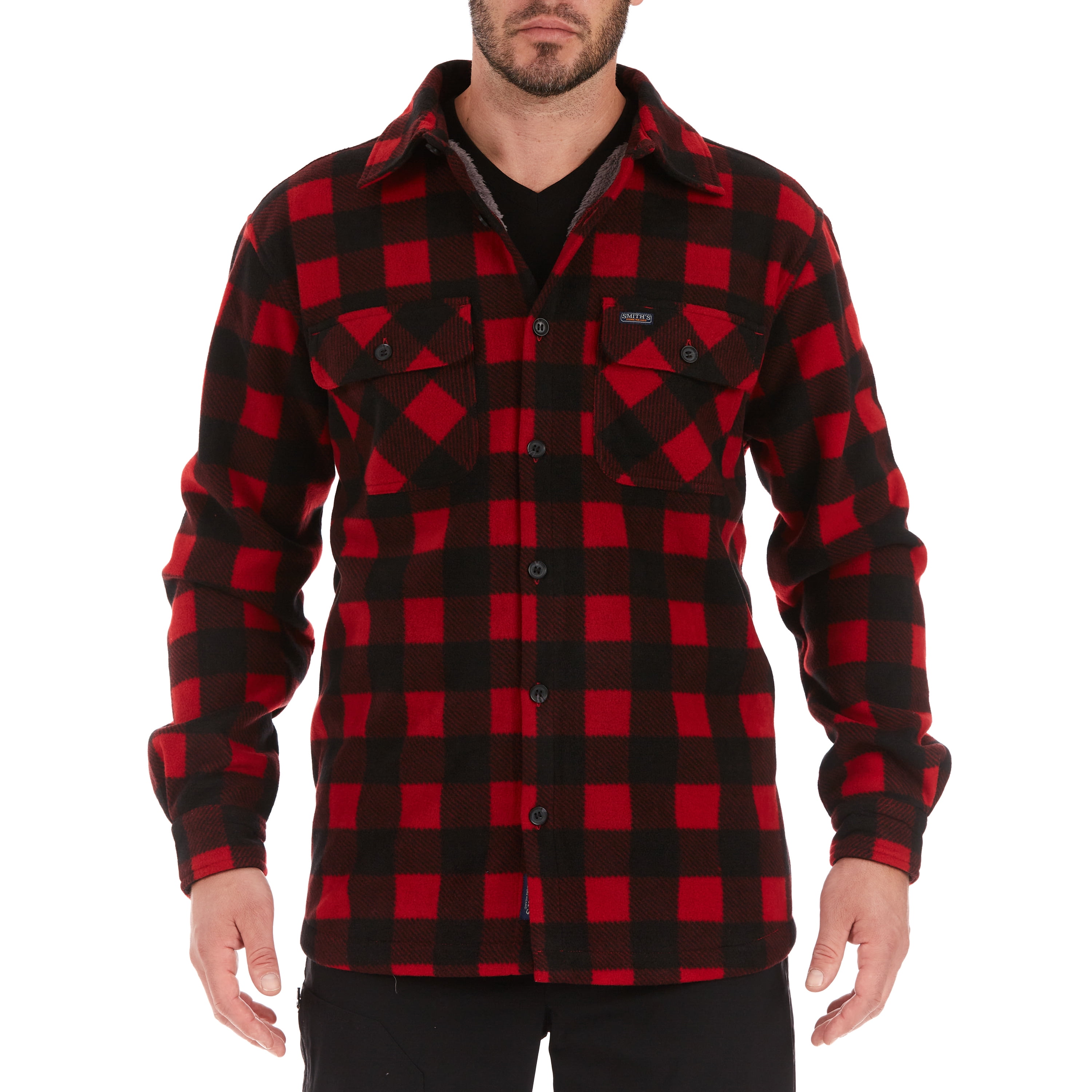 Smith's Workwear Men's Sherpa Lined Plaid Fleece Shirt Jacket, S4564, Red/Black, 2XL
