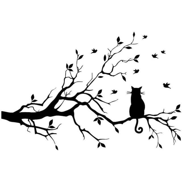 Hojas de rama de árbol con calcomanías de pared de gato, pegatinas de vinilo extraíbles, calcomanía de pájaro, decoración para decoración de la habitación del hogar, negro JM
