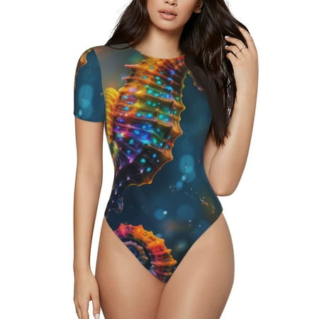 Jgfou Neon Seahorse Underwater Realm Pattern Women s Short-Sleeved Onesie Round Neck Pajamas Stretchy Bodysuit with Snap Closure-XX-Large