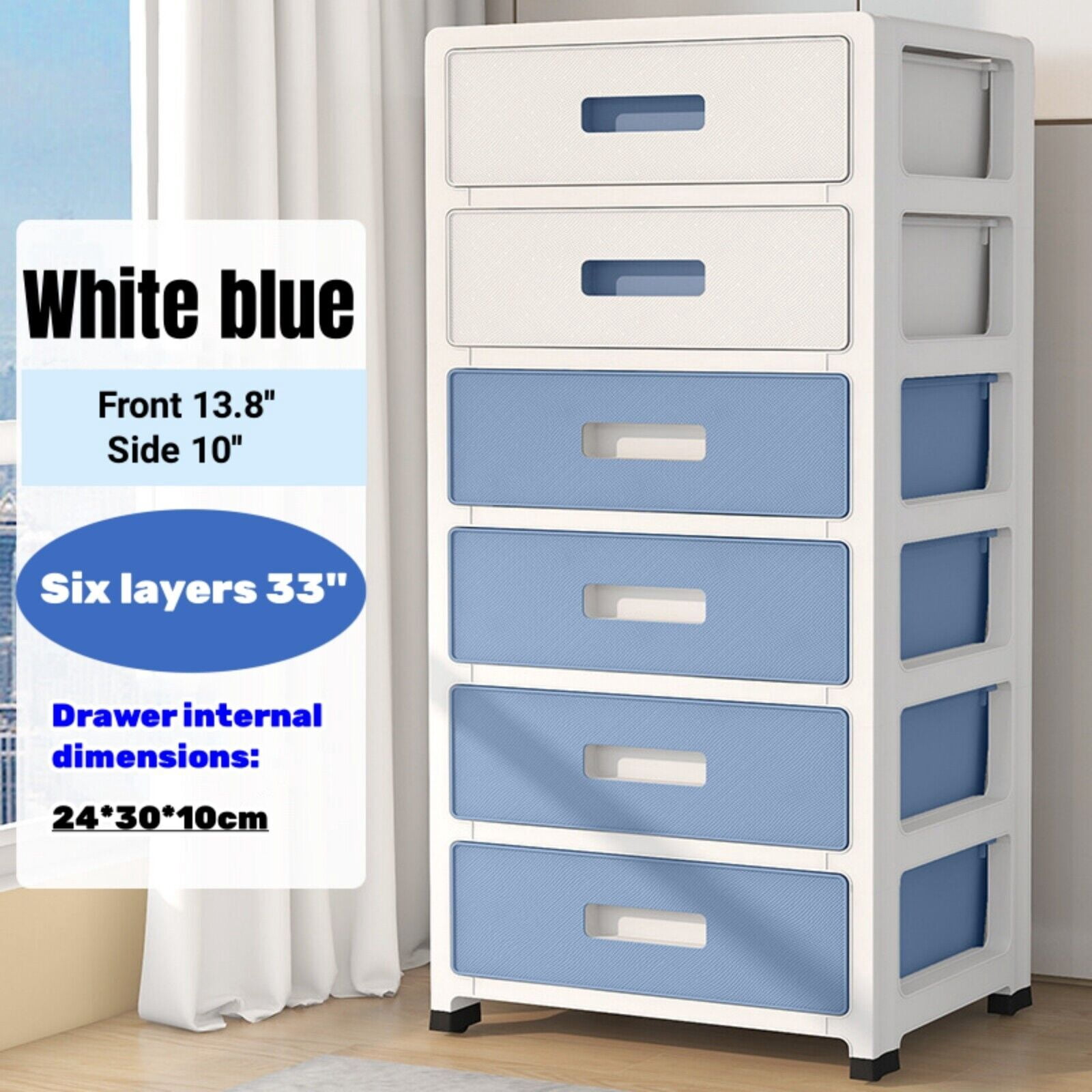 33in Blue White 6-Drawer Organizer, Household/Office Storage Cabinet Drawer Type  13.8*10*32.9in for Bedroom, Living Room, Study