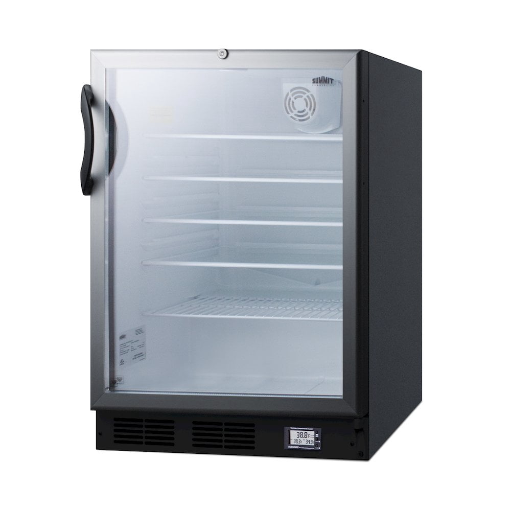 Commercially approved ADA compliant Nutrition Center series glass door all-refrigerator for built-in or freestanding use, with front lock and digital temperature display