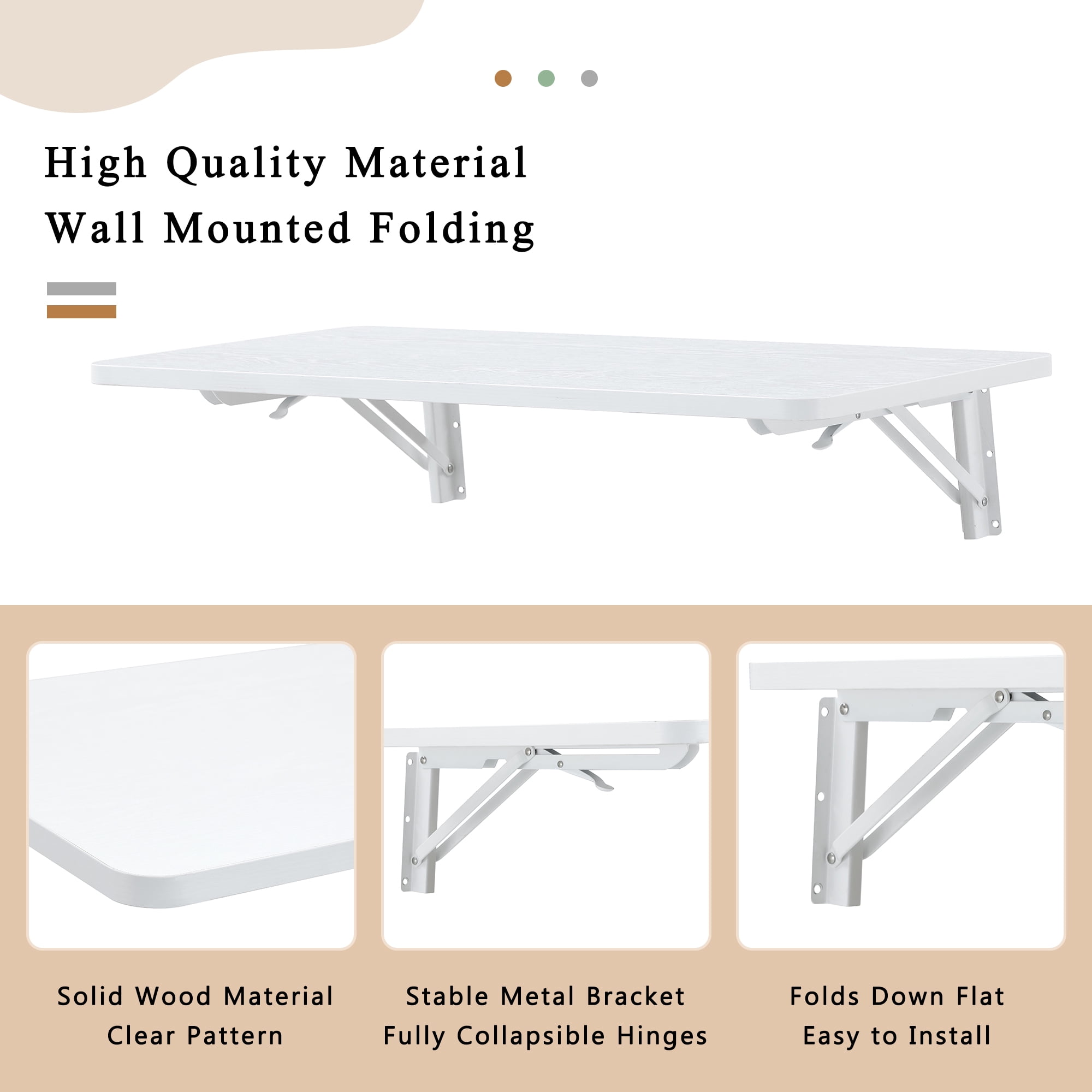 Wall Mounted Folding Table, Floating Desk for Laundry Room, Fold Down Table with Full-Folding Hinge for Small Space Kitchen Bathroom Easy Install, White