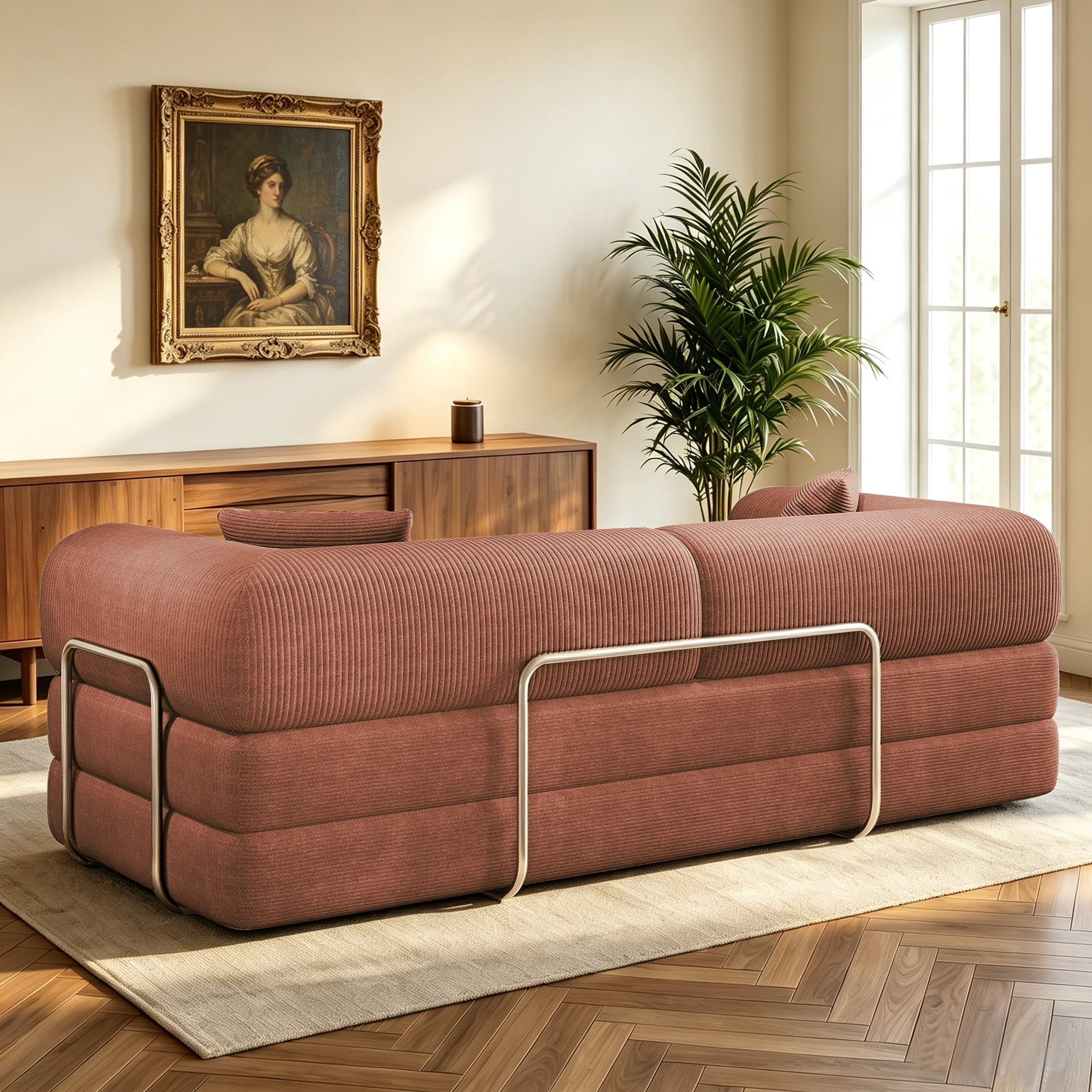 AISWORD Convertible Sleeper Sofa Bed with Cylindrical Pillow, Corduroy Folding Mattress Couch with Fixed-Shape Frame, Floor Sofa Lounge Couch, Brown
