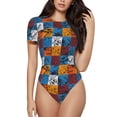 thumbnail image 1 of Bingfone Justaucorps à Carreaux Colorés Motif Dinosaure pour Femmes, Col Rond, Manches Courtes à Boutons-Pression, Adapté pour Fête, Sport, Usage Quotidien-TG, 1 of 7