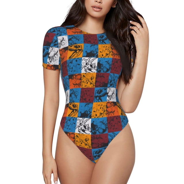 Bingfone Justaucorps à Carreaux Colorés Motif Dinosaure pour Femmes, Col Rond, Manches Courtes à Boutons-Pression, Adapté pour Fête, Sport, Usage Quotidien-TG