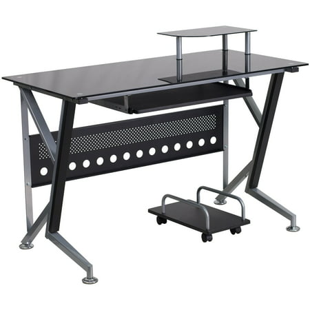 Flash Furniture Black Glass Computer Desk with Pull-Out Keyboard Tray and CPU