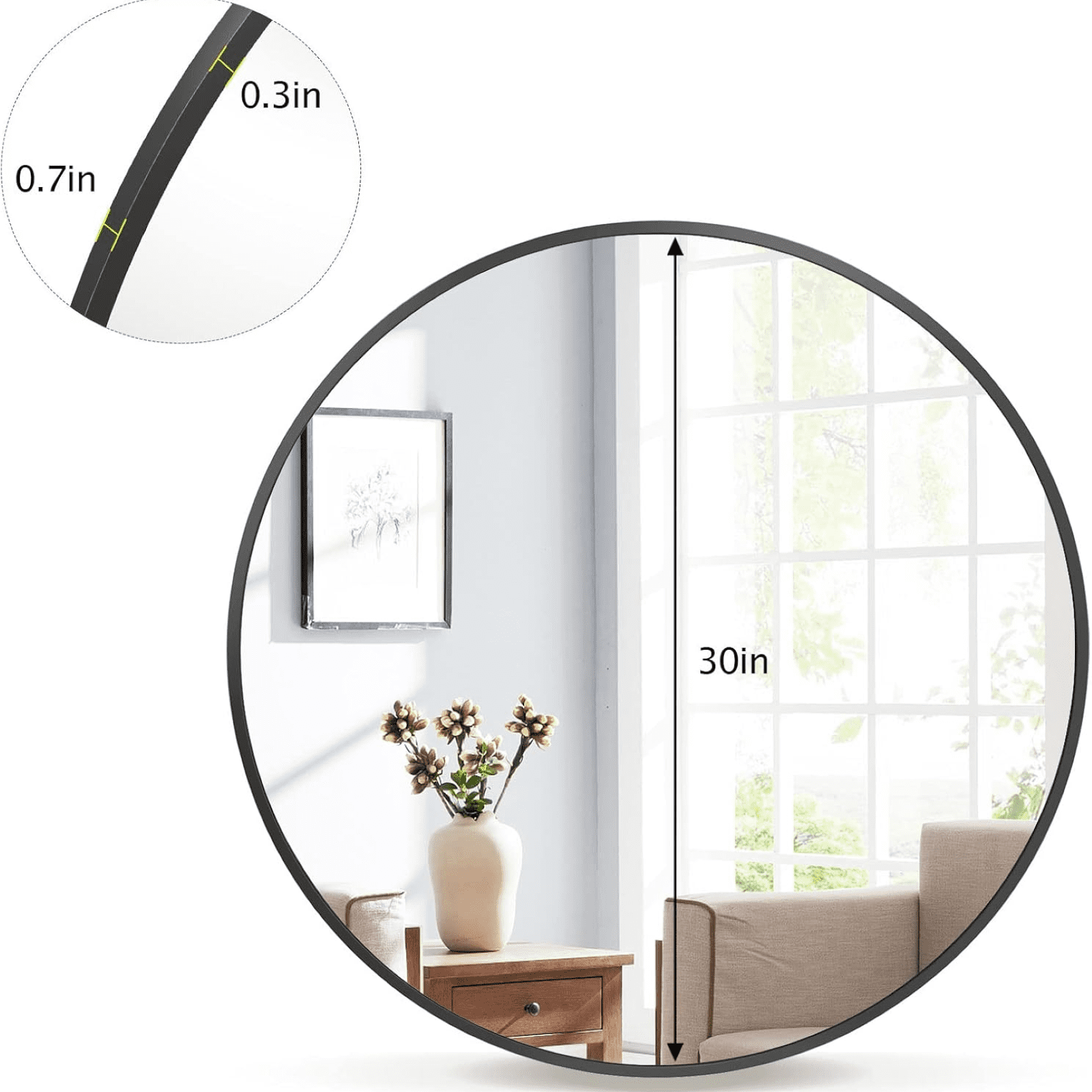 AUROMIR 30" Round Wall Mirror Bathroom Vanity Mirror Aluminum Alloy Frame,Black