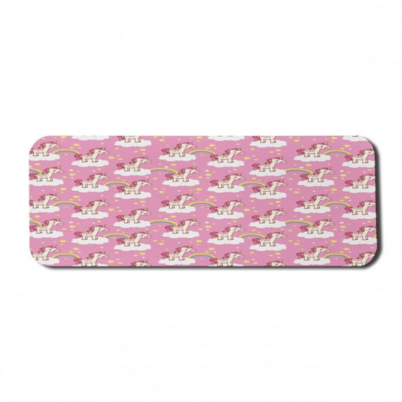 Cartoon Computer Mouse Pad, Unicorns Standing Clouds Rainbows and Stars on a Pink Skyline Print, Rectangle Non-Slip Rubber Mousepad Large, 31" x 12" Gaming Size, Pink Yellow White, by Ambesonne