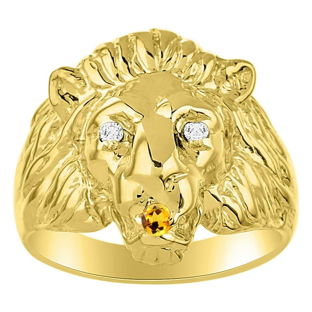 RYLOS Rings Gold Plated Silver Lion Head Ring Diamonds in Eyes & Gemstone Mouth Fun Designer Rings Citrine Jewelry Size 13